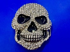 Creepy Skull Grinning Teeth Black Enamel Clear Rhinestone Covered Belt Buckle