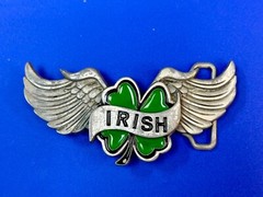 Irish Lucky Four 4 Leaf Clover W/ Wings Cutout Green & Silver Belt Buckle
