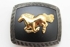 Men Casual Look Western Belt Buckle Silver Metal Square Gold Rodeo Horse Black