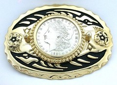 Gold Color Oval Western REAL 1921 Morgan Silver Dollar Belt Buckle EPBB92