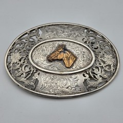 Men&rsquo;s Western Large Ornate Silver Overlay Belt Buckle With Copper Horse