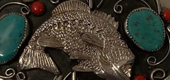 Vintage Metal Belt Buckle, Silver and Turquoise, Bass, Fishing, Hand Crafted