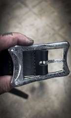 One-off customized 1.5” Damascus Steel Buckle With English Bridal Leather Belt