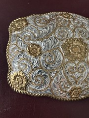 Crumrine Western Belt Buckle Two Tone Silver Gold Floral Scroll El Arturo Bronze