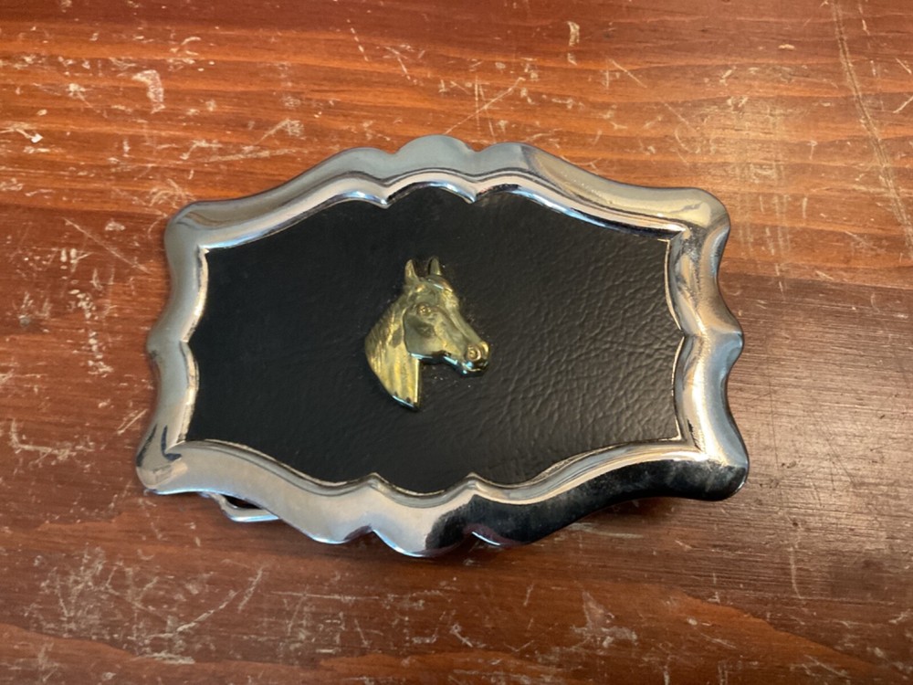 Vintage Horse Belt Buckle Silver and Black
