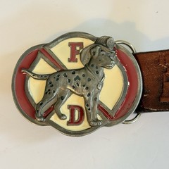 Vintage Dalmatian Belt Buckle W/ Firemen, EMTs & Fire Trucks Leather Belt XL