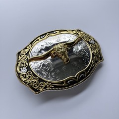 Bright Silver With Gold Longhorn Bull Rodeo Cowboy Cowgirl Belt Buckle Hebilla