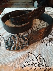TWO STEP Belt Buckle 1994 Siskiyou Buckle Co. #N-7 Cowboy Western USA W/36&Prime; Belt
