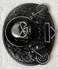 1999/Y2K Roses Motorcycle & Skull Distressed X3 Metal Belt Buckle Black Oval Vtg