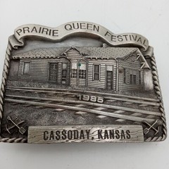 ATSF Train Depot Belt Buckle Cassoday KS 1985 Prairie Queen Festival Vintage
