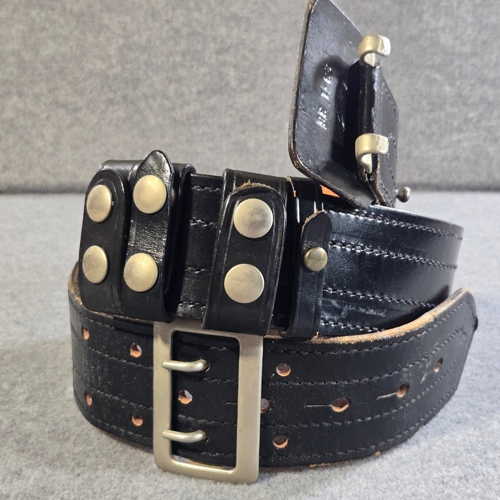 Vintage Black Leather Duty Utility Belt Double Prong Buckle Sz 36 Don Hume Mod