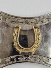 Chrome Horseshoe Belt Buckle Scroll Border Flared Ends Equestrian Vtg