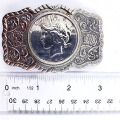 NICKEL SILVER BELL Vintage 1926 Morgan Dollar Coin Ornate Belt Buckle 3.25×1.25&Prime;