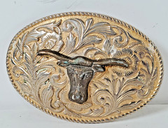 2 Tone Western Belt Buckle Dark Longhorn Steer on Floral Background Rope Border