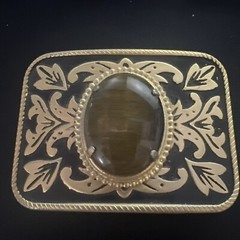 Vintage Belt Buckle Western Style Gold Ornate with Large Brown Oval Stone