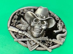 Cowboy Skull Bandana with Crossed Rifles Snakes Silver Color Western Belt Buckle