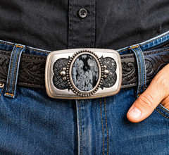 1970s-1980s Vintage Western Belt Buckle with Snowflake Obsidian Stone Cabochon