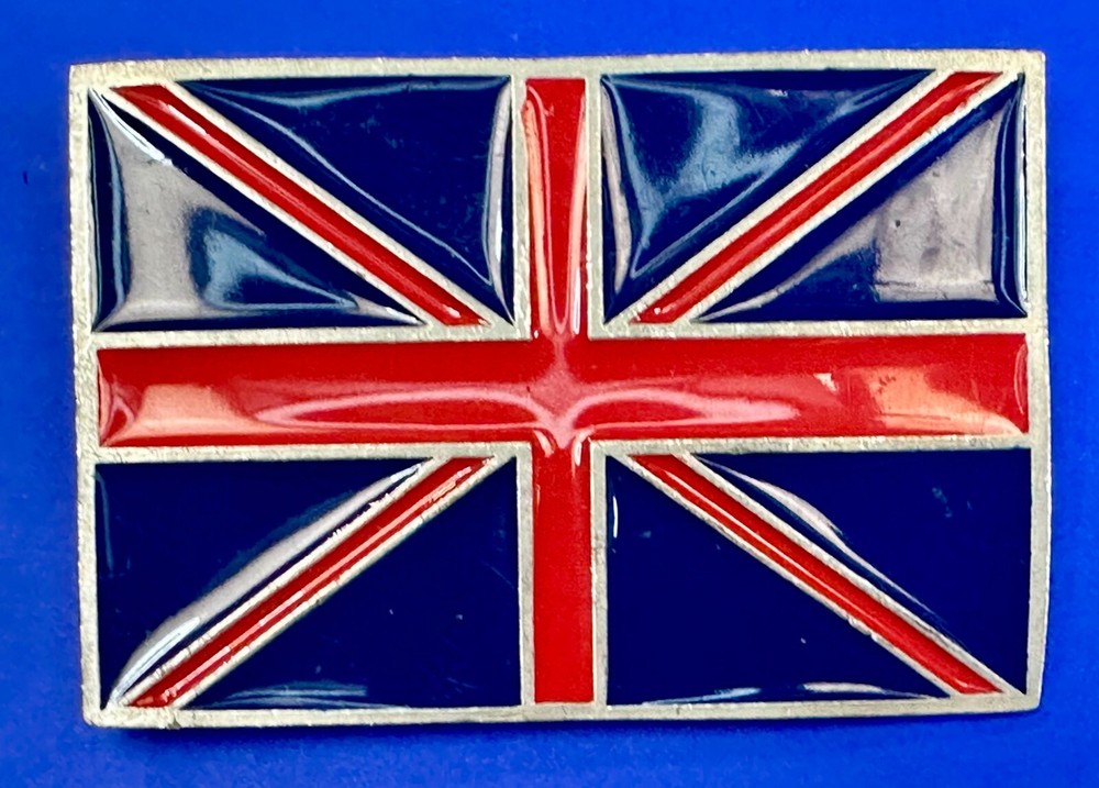 British UK Flag Union Jack Blue & Red Enameled Silver Tone MOBTOWN Belt Buckle