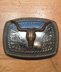 CLASSIC LONGHORN BULL / STEER HEAD WITH WESTERN PATTERN BELT BUCKLE