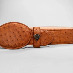 Men’s Cognac Ostrich Original Exotic Leather Cowboy Belt 1.5&Prime; Oval Buckle