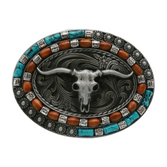 NEW Men Dark Silver Metal Belt Buckle Western Fashion Bull Long Horn Oval Shape