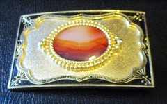 Vintage Square Brass Belt Buckle with Oval Shape Acrylic Looking Brown Stone