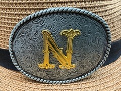 Western Cowboy Antique Engraved Initial N Rope Edge Oval Belt Buckle