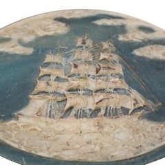Vintage Incolay Stone Belt Buckle Cameo Sailing Ship Boat Clipper Nautical BLUE
