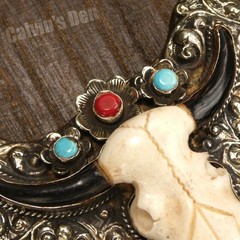 Hand Carved Bull Skull Western Floral Large Belt Buckle with Turquoise & Coral