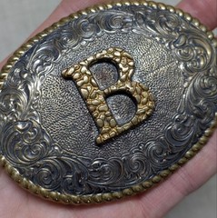 vintage CRUMRINE belt buckle « B » heavy silver plate BRONZE sterling WESTERN