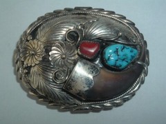 SIGNED R. BEGAY NAVAJO STERLING TURQUOISE CORAL BELT BUCKLE