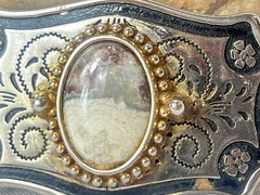 Vtg Western Style Belt Buckle Silvertone And Polished Cabochon Stone USA