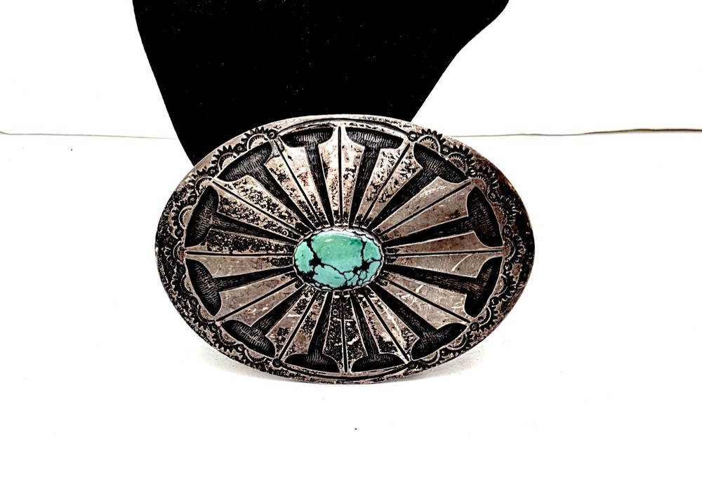 RICHARD THOMAS NAVAJO IHMSS SILVER TURQUOISE BELT BUCKLE,3.5&Prime;