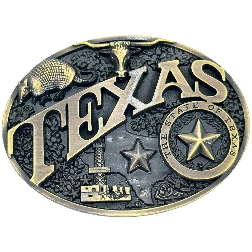 State of Texas Flag Logo Belt Buckle Longhorn Armadillo Alamo Star Bronze finish