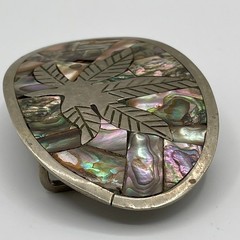 Vintage Mexico Abalone Shell Mosaic Leaf Belt Buckle Iridescent Oval Artisan