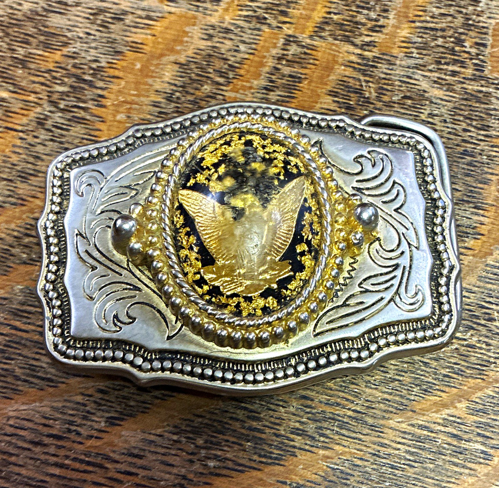 Western Metal Belt Buckle Silver/Gold/Black Eagle with Gold Colored Flakes