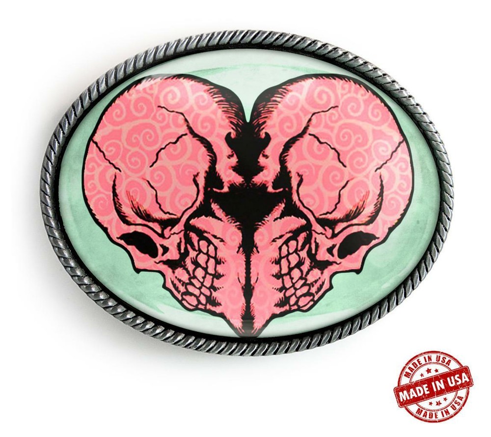 Twin Flame Heart Skull Grunge Pop Art Handmade Oval Belt Buckle