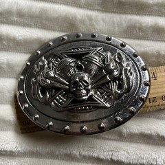 Belt Buckle Metal Motorcycle Skull Flames Mens Oval 3.5&Prime; x 2 5/8&Prime;