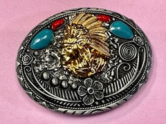Native American Indian Chief in Head Dress Faux Turquoise & Coral Belt Buckle