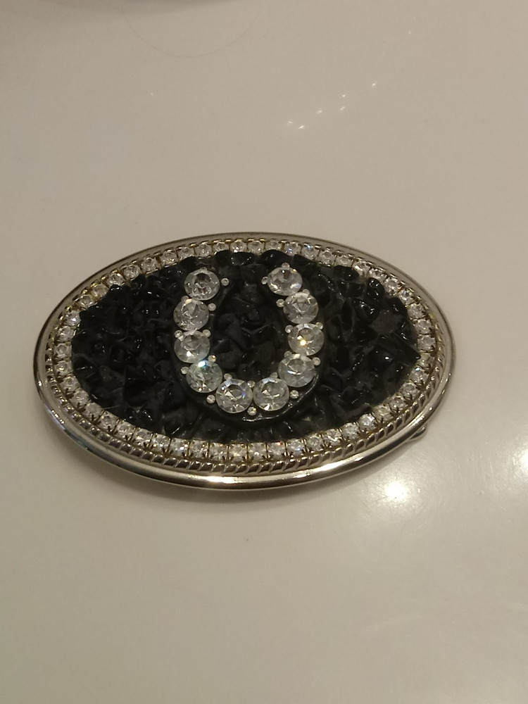 Vintage White Rhinestone And Black Onyx Horseshoe Belt Buckle