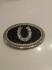 Vintage White Rhinestone And Black Onyx Horseshoe Belt Buckle