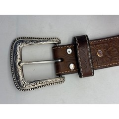 Nocona Western Leather Belt Embroidered Brown Silver Buckle 38