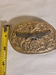 Men&rsquo;s Belt Buckle Silver Tone on Gold Tone – Eagle on Floral Background – Metal