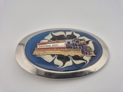 belt buckle oval red silver Norfolk & Western RY railroad 3.75&Prime; long