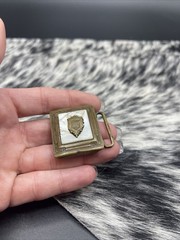 Vintage Belt Buckle Shell Inlaid Brass Ornate Design Marked Gloray Newport #A98