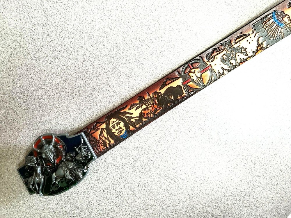 INDIAN NATIVE AMERICAN Genuine Leather Belt & Matching Epoxy Buckle – NEW!