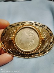 Western Oval Belt Buckle w/ 1921 Real Silver Morgan Dollar Coin Insert, Beaded