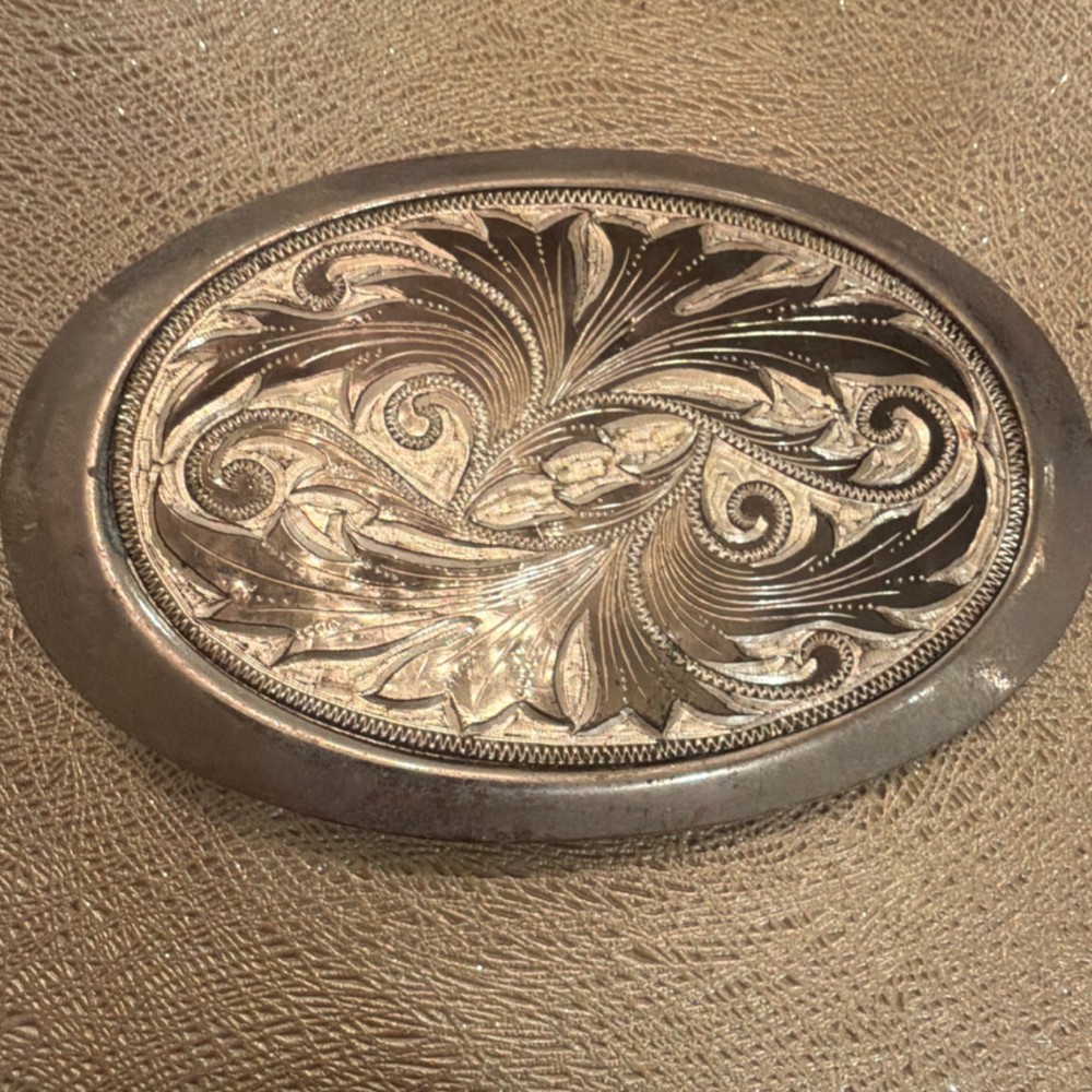 Men&rsquo;s Western Oval Engraved Floral Silver Tone Metal Belt Buckle Fits 1.5in