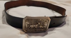 Oil Tan Black Top Leather Belt & Western-Style Buckle, 1970s USA, Size 34-36 M/L