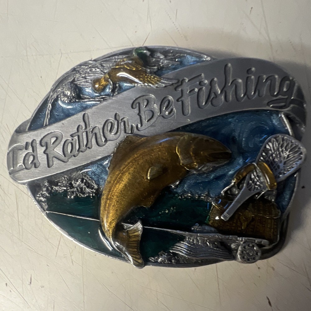 Siskiyou Fishing Metal Belt Buckle Fish 3D Silver/Blue/Gold 1.5in Oval Vintage